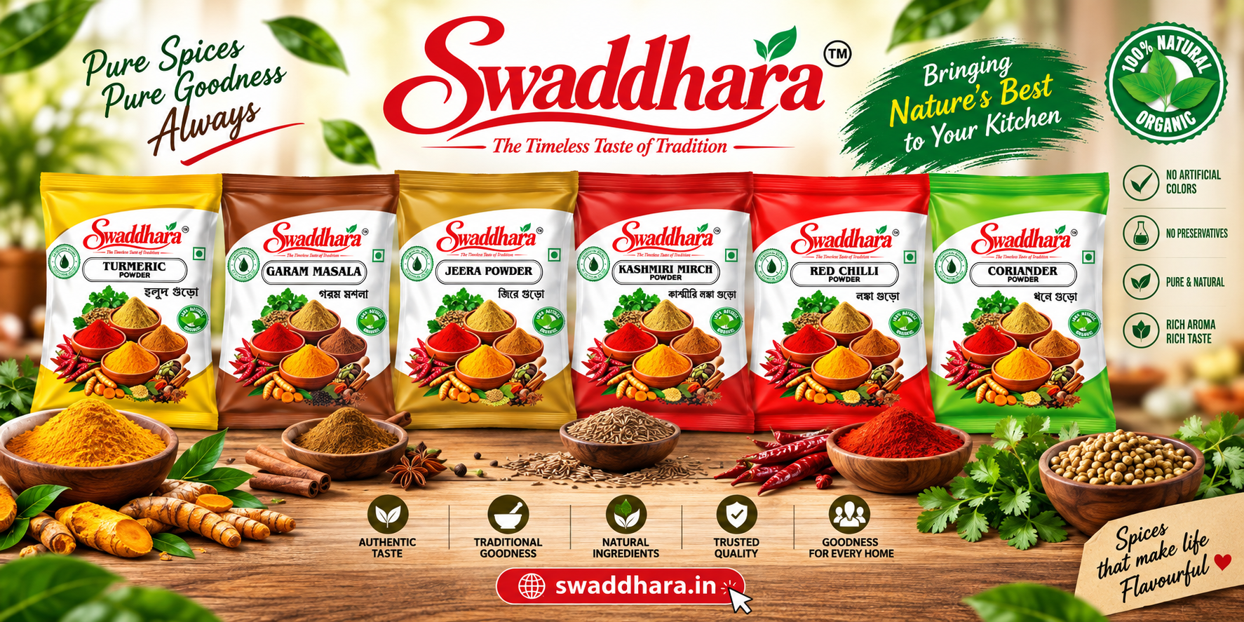Swaddhara Spices Range - Turmeric, Jeera, Kashmiri Mirch, Red Chilli, Coriander